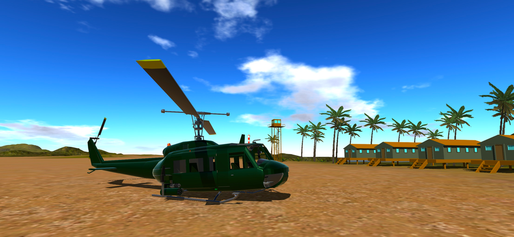 SimplePlanes - A green helicopter parked near military style barracks in the SimplePlanes simulation game