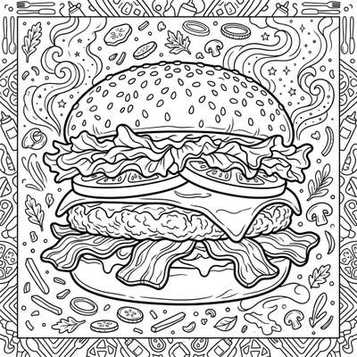 Satisfy your creative cravings with this mouth-watering Bacon Cheeseburger coloring page. Dive into a world of delicious details, from crispy bacon to melted cheese, ready for your artistic touch.