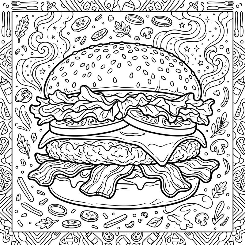 Satisfy your creative cravings with this mouth-watering Bacon Cheeseburger coloring page. Dive into a world of delicious details, from crispy bacon to melted cheese, ready for your artistic touch.