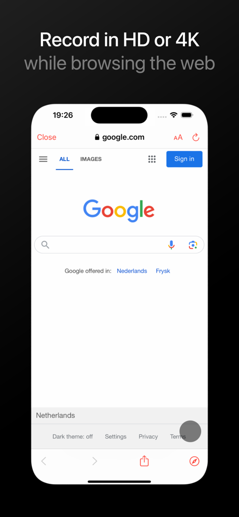SCamera Pro - Pantalla de iPhone mostrando una interfaz de navegación web simulada utilizada como disfraz mientras se graba vídeo con SCamera Pro