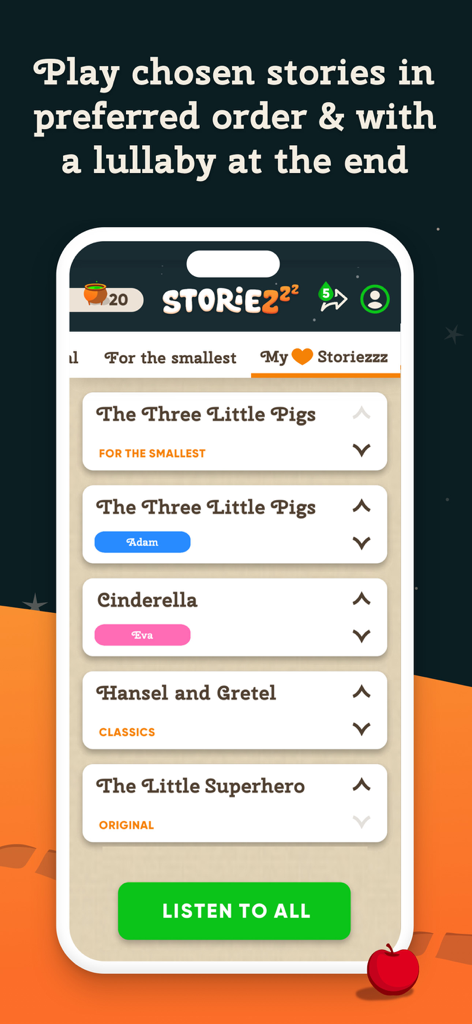 Storiezzz: Kids Fairy Tales - Una pantalla de smartphone que muestra la función de lista de reproducción de la aplicación Storiezzz con cuentos infantiles personalizados y un botón de escuchar todo.