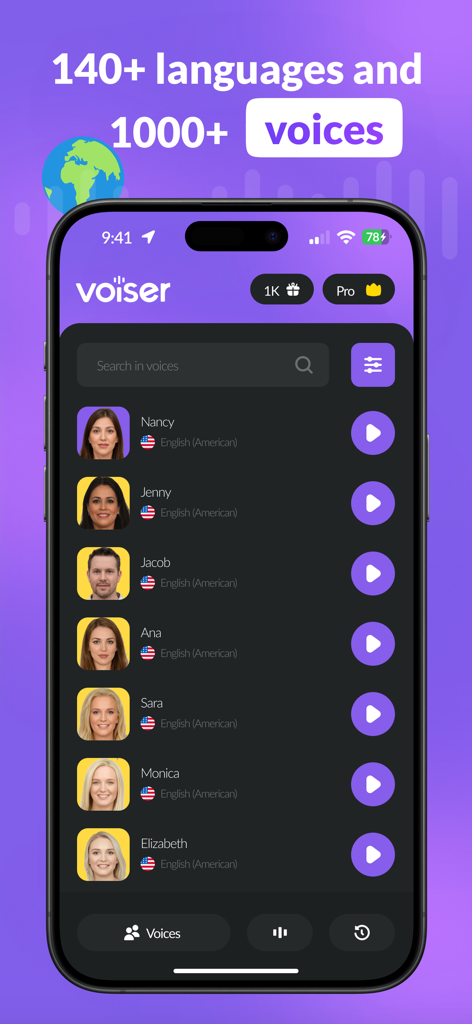 AI Voice Over: Text to Speech - Voiser AI app screen showing multiple professional voice options for text to speech