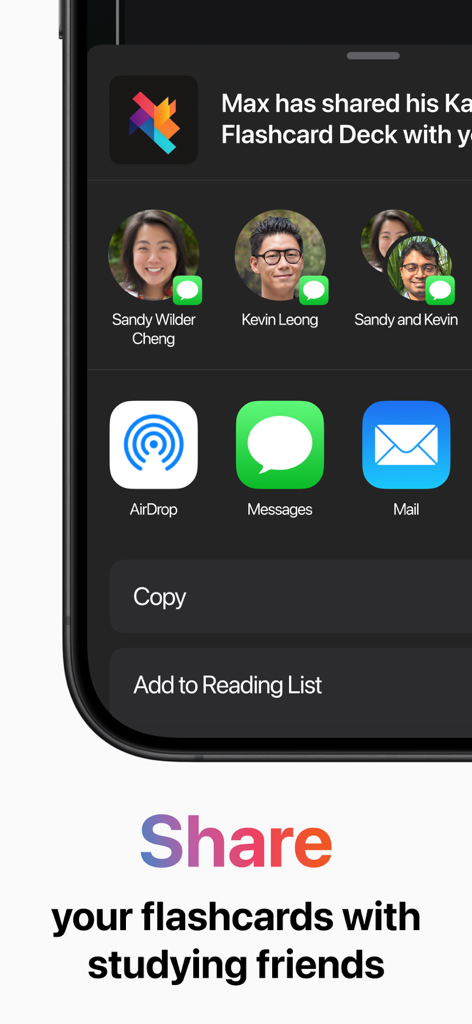 iPhone screen showing the KardsAI share menu to send flashcard decks to study friends via Messages or AirDrop