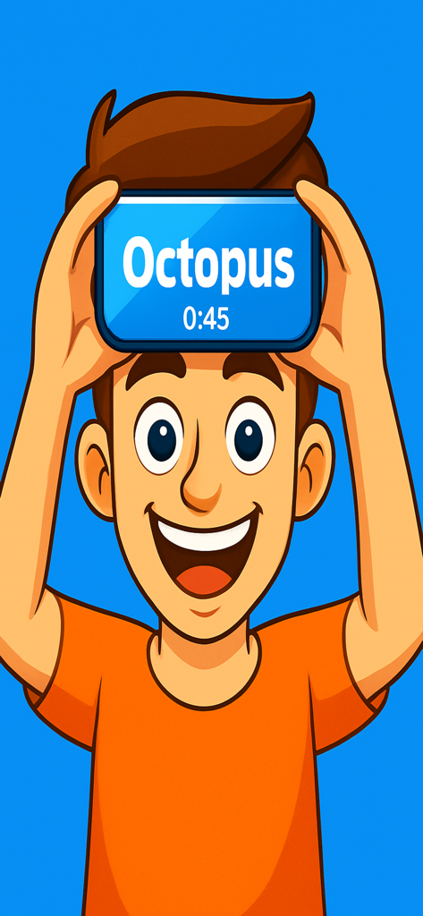 Heads Up - Charades - A man playing Heads Up Charades by holding a phone with the word Octopus on his forehead