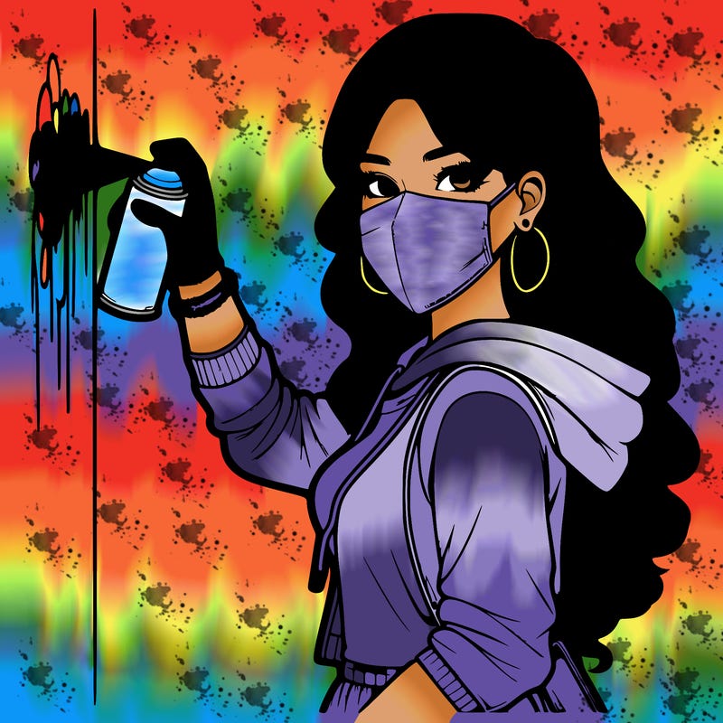 realistic girl with mask spray painting a wall