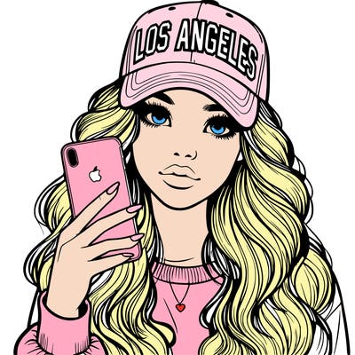 realistic beautiful girl wearing los ángeles cap holding an iphone