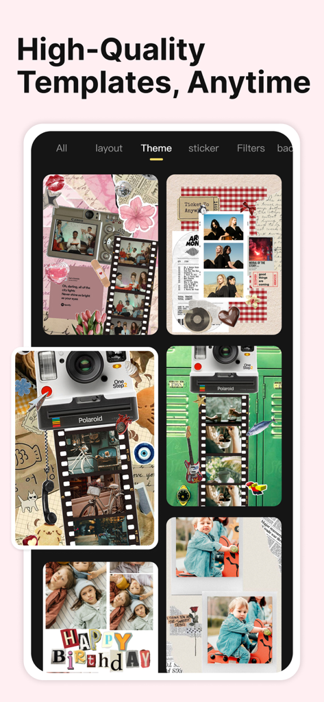 Photo Collage Maker: Collagic - Une collection de modèles de scrapbooking numériques éditoriaux et rétro dans l'éditeur de photos Collagic.