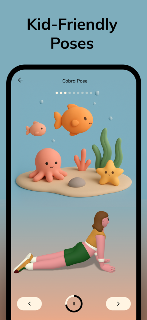 Kids Yoga, Workout & Exercise - Kids Yoga Adventure app interface showing the Cobra pose with an Under the Sea theme and 3D graphics