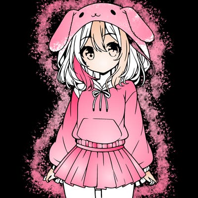 pretty anime girl wearing a fluffy hoodie with bunny ears on the hood and a skirt