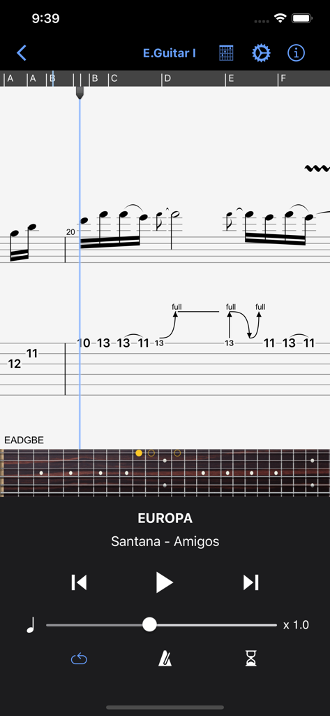 Guitar Pro - Interface de l'application Guitar Pro affichant la tablature Europa de Santana et le lecteur de manche virtuel