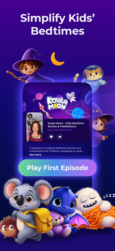 Sleepiest: Sleep Meditations - Sleepiest app interface showing Koala Moon kids bedtime stories with various animated characters