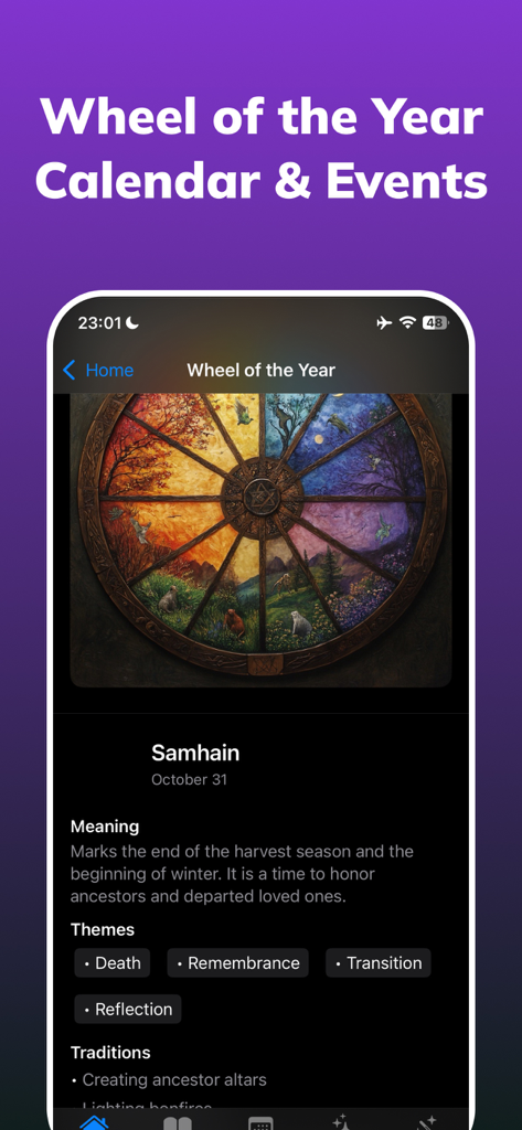 Wicca: Wiccan & Witchcraft - A mobile app screen showing the Wheel of the Year calendar with information about the Samhain event including its meaning and themes.