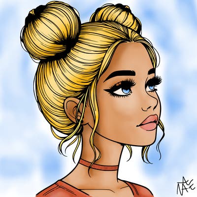 realistic girl with buns on the top of her head