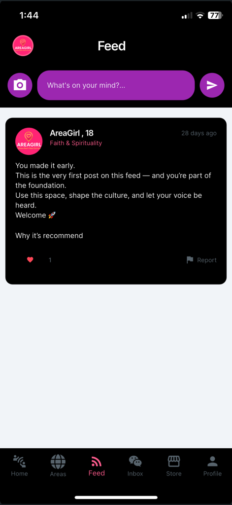 Area Girl - Interface de l'application Area Girl montrant l'écran du fil d'actualité social avec une publication de bienvenue dans la catégorie foi et spiritualité