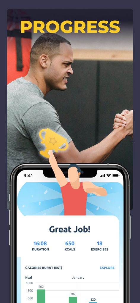 MoveBody – All-in-One Fitness - Pantalla de resumen de entrenamiento de la aplicación MoveBody que muestra calorías quemadas y estadísticas de progreso