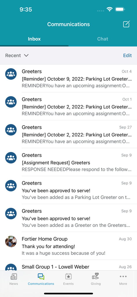 Realm Connect - For Our Church - Inbox screen of the Realm Connect app showing church group messages and volunteer service reminders