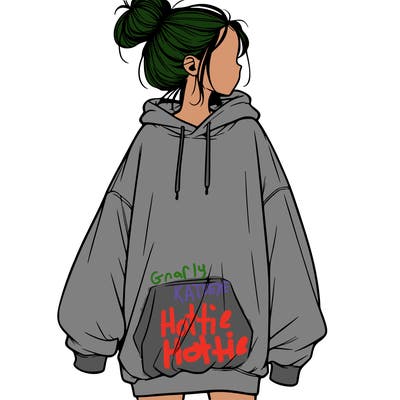 realistic girl with a oversized sweatshirt on and a bun