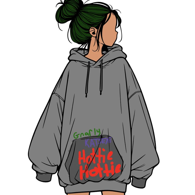 realistic girl with a oversized sweatshirt on and a bun