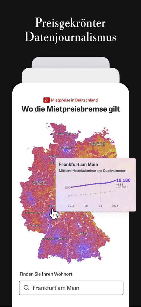 DIE ZEITアプリ内で、ドイツの家賃価格を示すインタラクティブなデータジャーナリズムマップ。