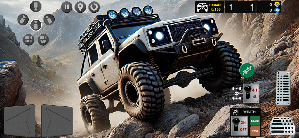 Top Offroad 4x4 Simulator - A white off-road 4x4 truck climbing a steep rocky mountain path with technical driving interface