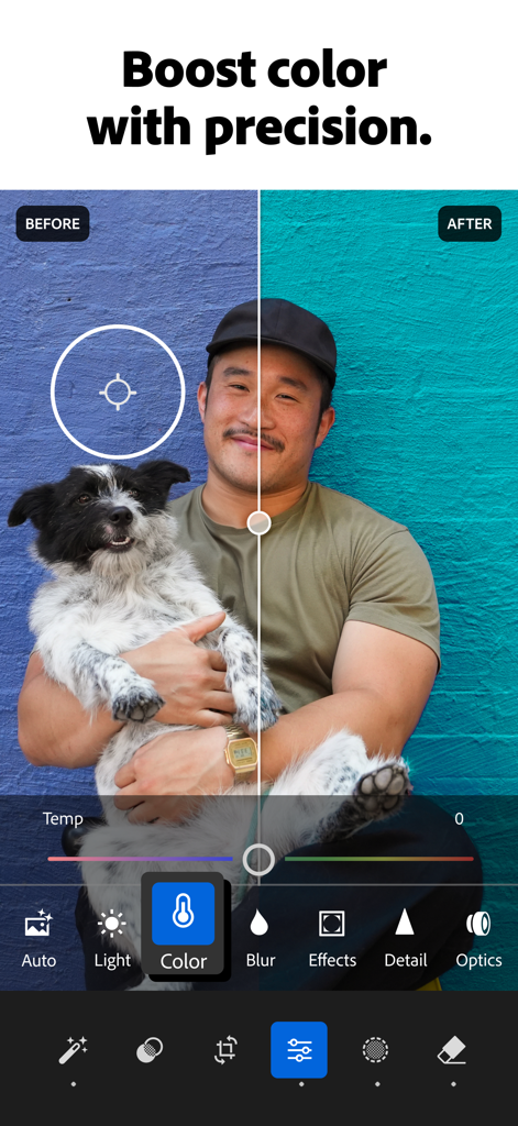 Comparaison avant et après ajustement des couleurs d'une photo dans l'application mobile Adobe Lightroom