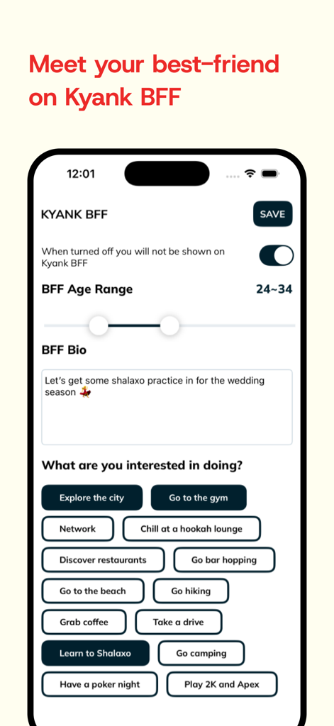 Interface of Kyank Armenian Dating app showing the BFF mode settings with age range and interests like learning Shalaxo