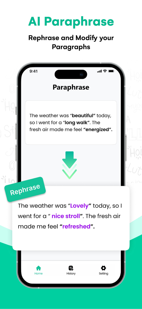 A smartphone screen displaying the AI Paraphrase feature of the app rephrasing a paragraph to improve vocabulary