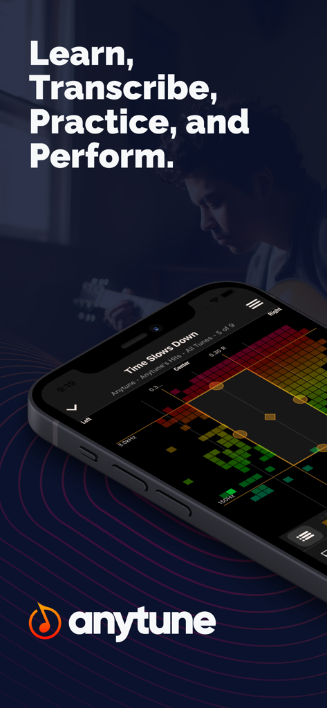 Interfaz de la aplicación Anytune Pro en un smartphone para transcripción y práctica musical
