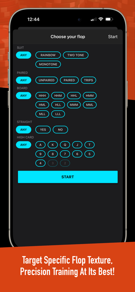 Postflop+ GTO Poker Trainer - Interfaz para seleccionar texturas de flop de póker y características del board específicas para entrenamiento GTO de precisión.