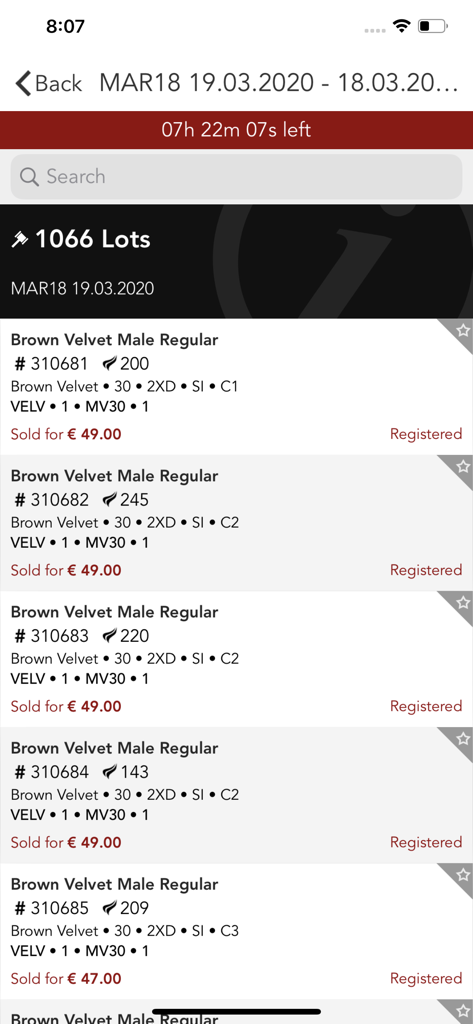 Saga Furs Online Auction - A list of brown velvet fur lots showing identification numbers and sold prices in the Saga Furs auction app