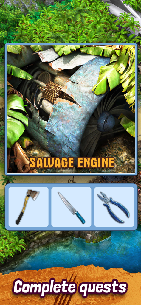 Survivors: the Quest - Gameplay di Survivors the Quest che mostra un motore di aereo precipitato da recuperare con strumenti come un'ascia, un coltello e delle pinze.