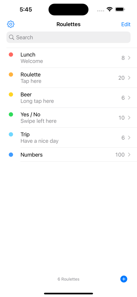 Roulette - Decision Roulette - Main menu showing a list of saved custom roulettes like Lunch, Beer, and Trip categories.