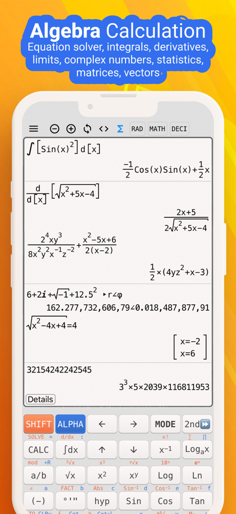 NCalc app interface showing complex algebra and calculus calculations with natural display