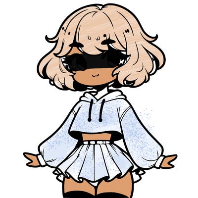 cute femboy with short, fluffy hair that softly frames their face, wearing a cropped hoodie, paired with a flouncy short skirt, and thigh-high stockings