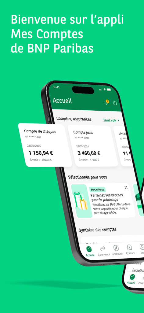 Écran d'accueil de l'application mobile bancaire Mes Comptes BNP Paribas affichant les récapitulatifs et les soldes des comptes en euros.
