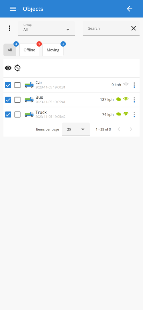 Panel de control de GPS Server Mobile que muestra el estado de seguimiento en tiempo real de un automóvil, autobús y camión en una lista de gestión de flotas