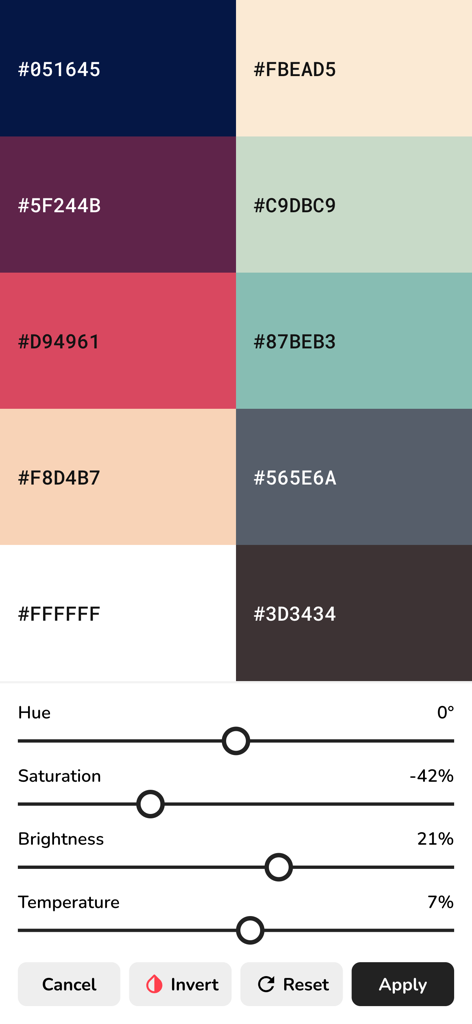 Interface of Pigments app showing a color palette grid with HEX codes and adjustment sliders for hue, saturation, brightness, and temperature.