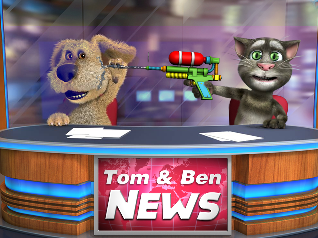 Talking Tom News for iPad - 水鉄砲を使った面白いドタバタシーンで、ニュースアンカーを務めるトーキング・トムとトーキング・ベン。