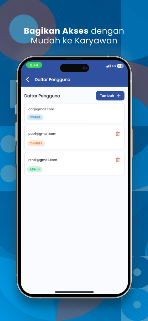 FibrPOS - Aplikasi Kasir Plus - FibrPOS mobile app interface showing a user list for managing employee access with assigned roles like owner, cashier, and admin.
