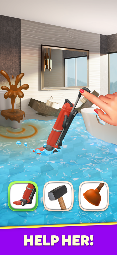 Design Masters: Home Simulator - Design Masters Home Simulatorでのリフォームゲームプレイ。水浸しのバスルームに修理ツールと「彼女を助けて」というプロンプトが表示されている様子。