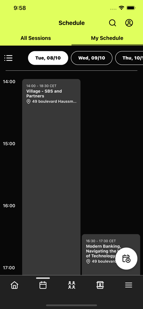 SBS Events - Der Zeitplanbildschirm der SBS Events-App zeigt Sitzungszeiten und Veranstaltungsdetails an.