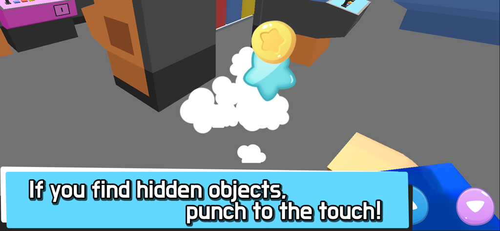 Hide.io gameplay showing a seeker finding hidden objects in a 3D arcade environment