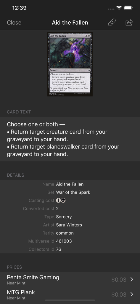 Información detallada de la carta y precios de mercado para 'Aid the Fallen' en la base de datos de cartas Magic