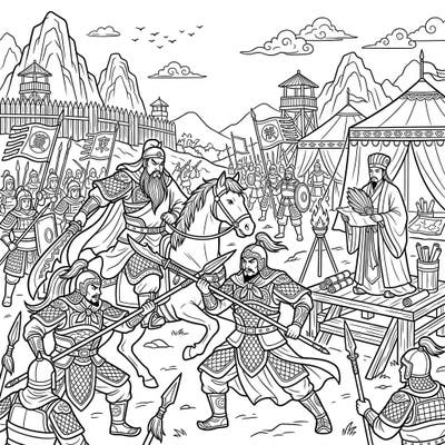Journey back to ancient China with this captivating coloring page featuring a vivid scene from the Three Kingdoms Period. Witness legendary heroes, strategic discussions, and bustling military camps ready for your creative touch.