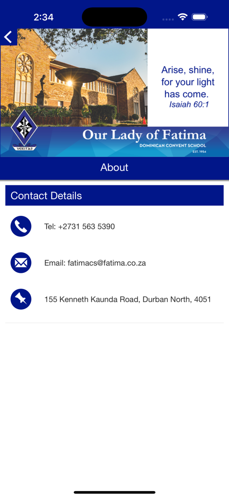 Our Lady of Fatima - Schermata dei dettagli di contatto dell'app scolastica di Nostra Signora di Fatima con telefono, email e indirizzo