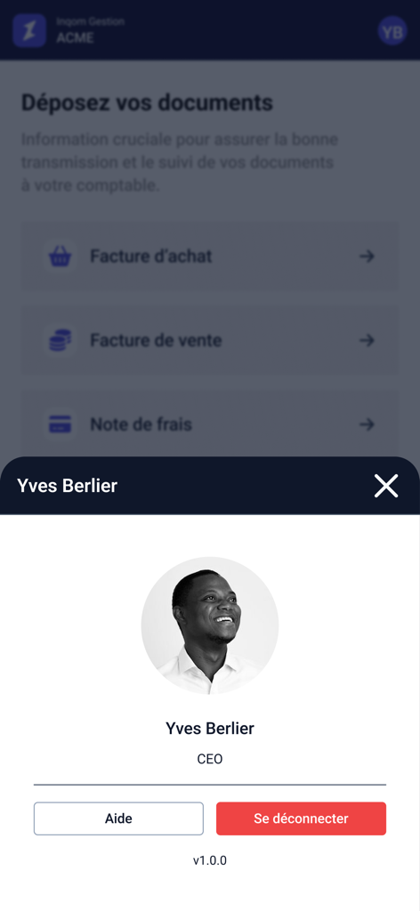 User profile view in the Inqom accounting app displaying CEO account information and logout options