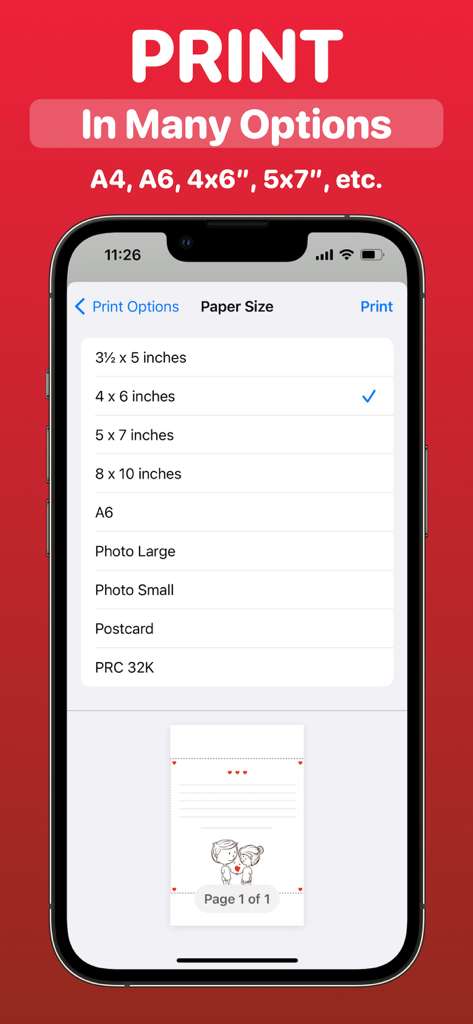 Air Printer: Scan & Print PDF - Air Printer app interface showing a menu of various paper size options for printing from an iPhone.