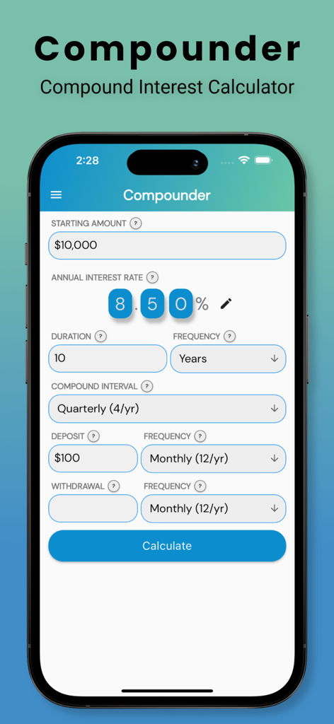 Compounder - La pantalla principal de la aplicación Compounder con campos de entrada para calcular el interés compuesto.