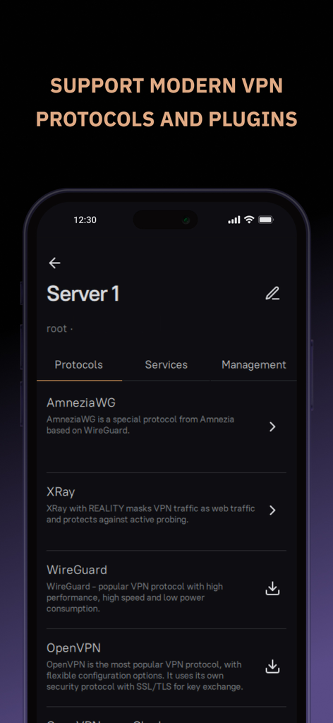 AmneziaVPN - AmneziaVPN app interface showing supported protocols like AmneziaWG, XRay, WireGuard, and OpenVPN.