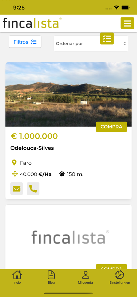 fincalista - Interfaz de la app móvil que muestra un anuncio de finca rústica de un millón de euros en Faro, Portugal